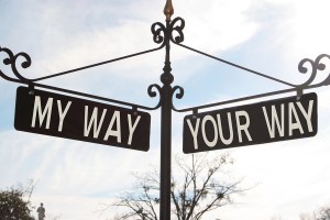 way, sign, signal, symbol, self, conflict, disagreement, clash, quarrel, difference, warning, notice, sky, blue, white, black, words, my, your, self-centered, self-interest, self-seeking, egotistical, outside, outdoors, day, arrougant, proud, pull, tug, war, argue, fight,